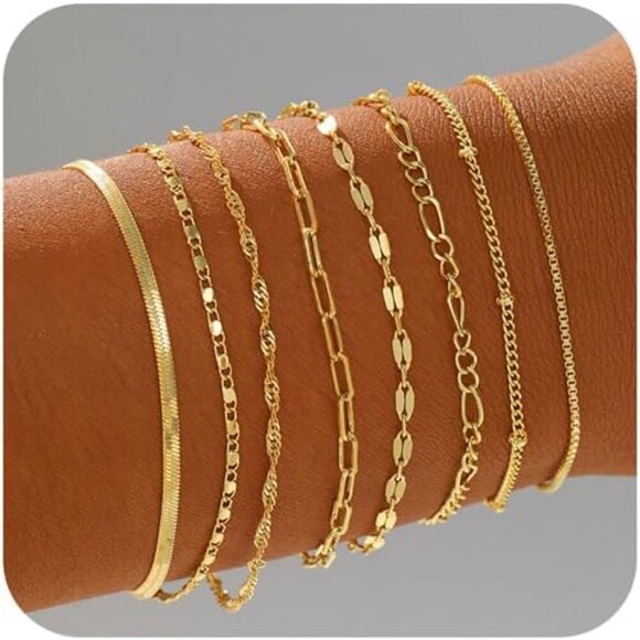 🆕 Relveo Trendy Chain Bracelet Women Gold Stackable Snake Figaro Pack Jewelry - Picture 1 of 7
